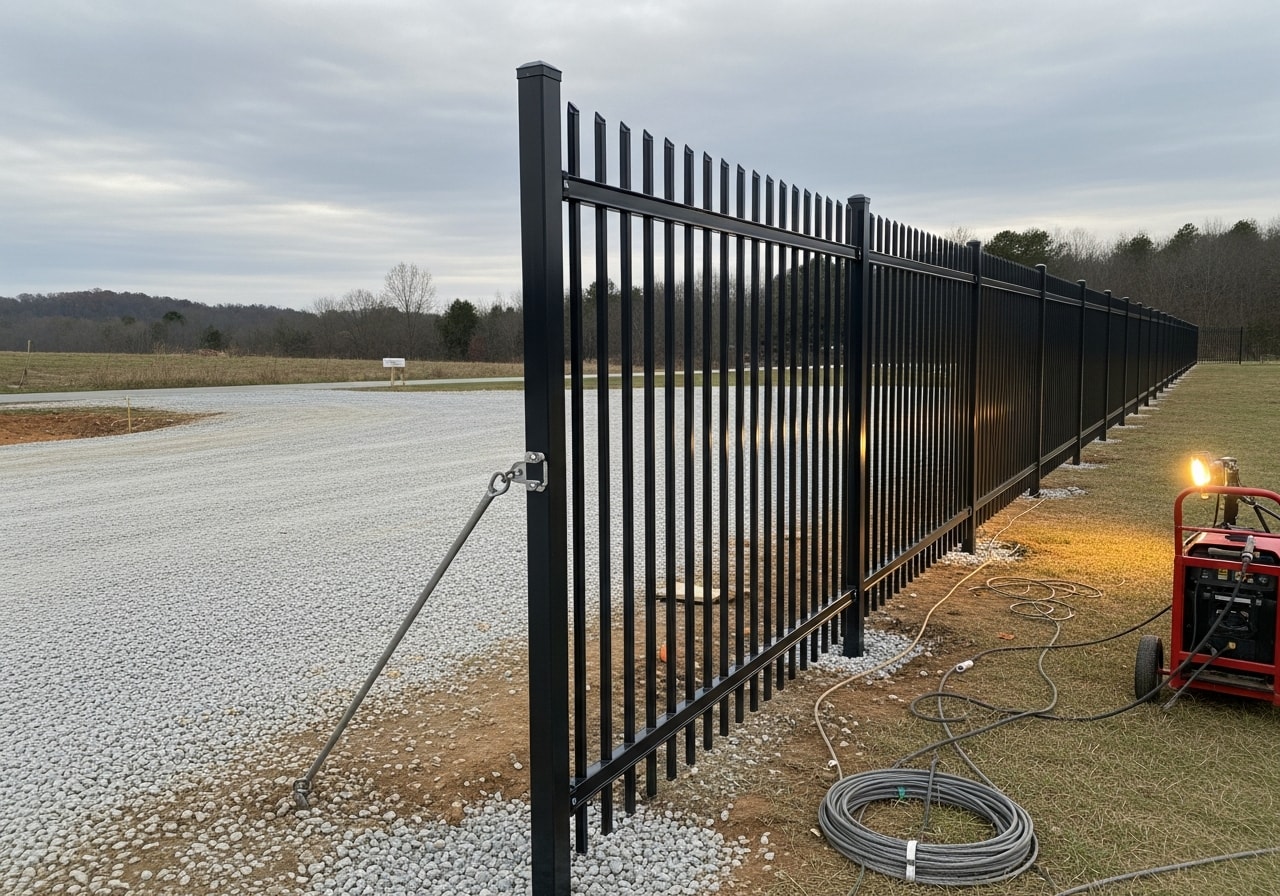 Steel commercial fence installed around industrial property perimeter in Montgomery County