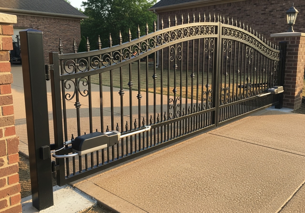 Black wrought iron driveway gate installed at residential entrance in Clarksville