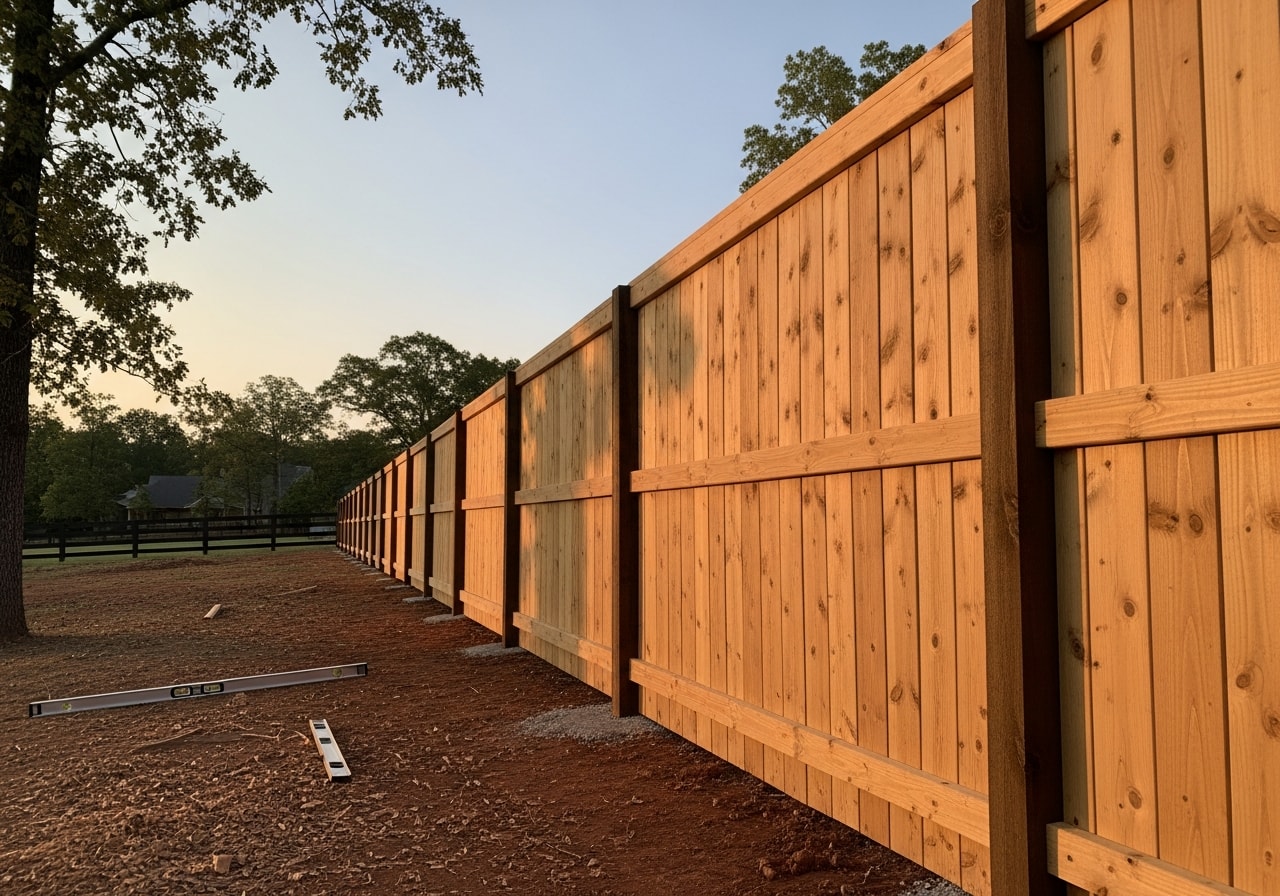 Metal and wood combination fence installed on residential property in Montgomery County