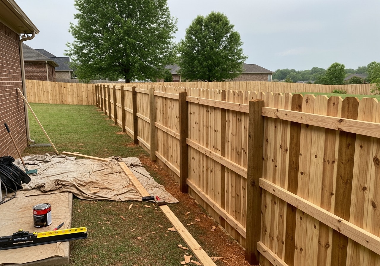 Cedar wood privacy fence installed along residential backyard in Clarksville, Tennessee