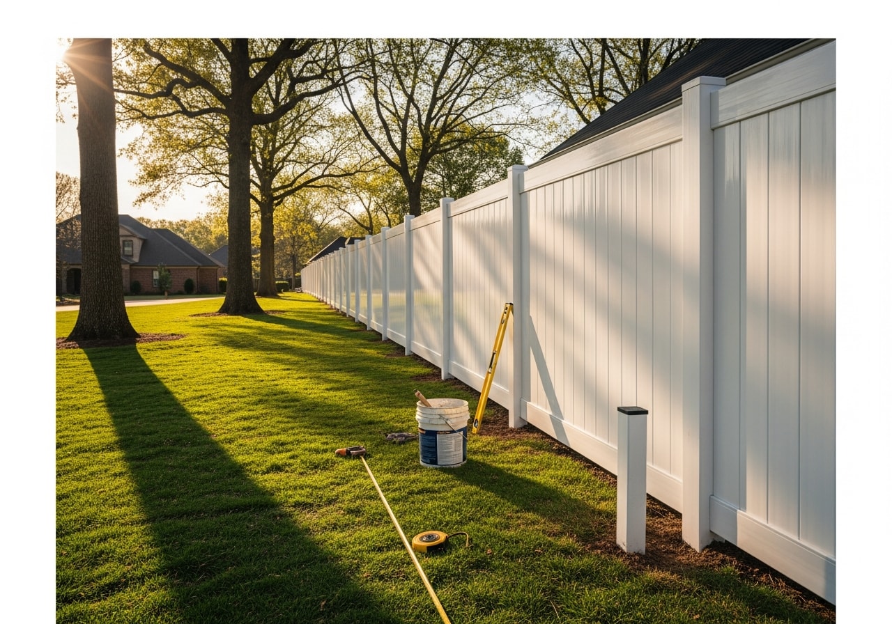White vinyl fence panels repaired and replaced on residential property in Montgomery County