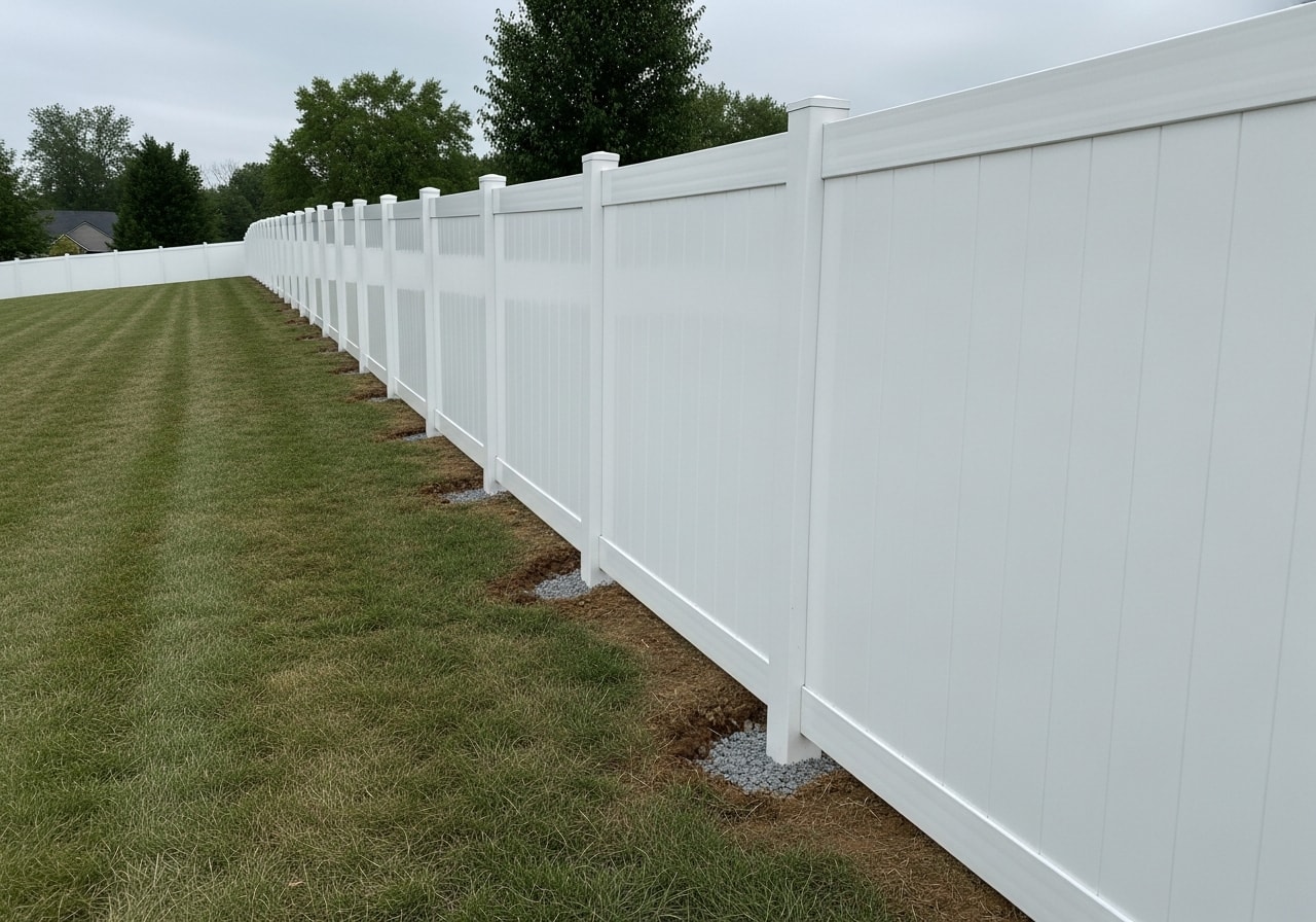 White vinyl privacy fence installed in residential backyard in Montgomery County, Tennessee