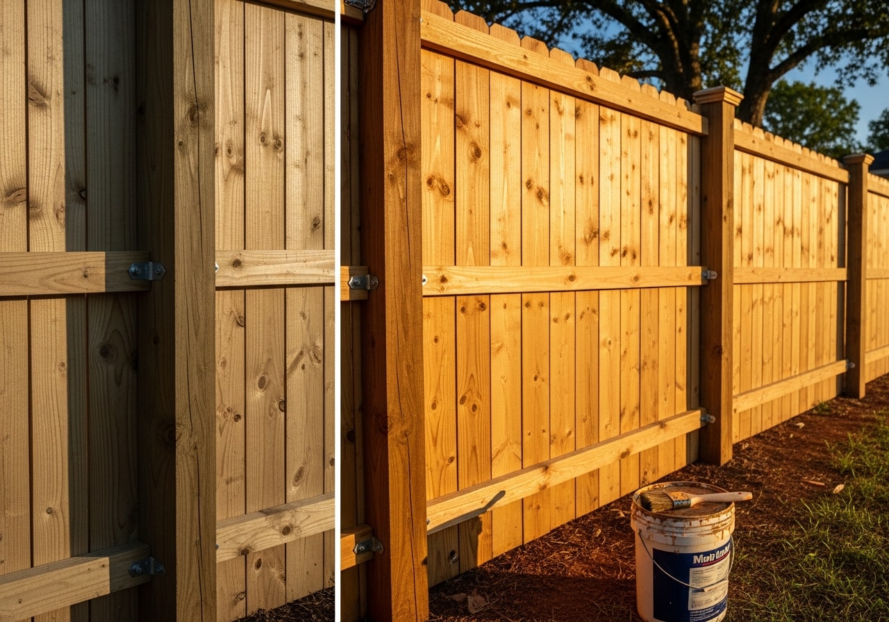 Stained wood fence repair completed on residential backyard fence in Clarksville