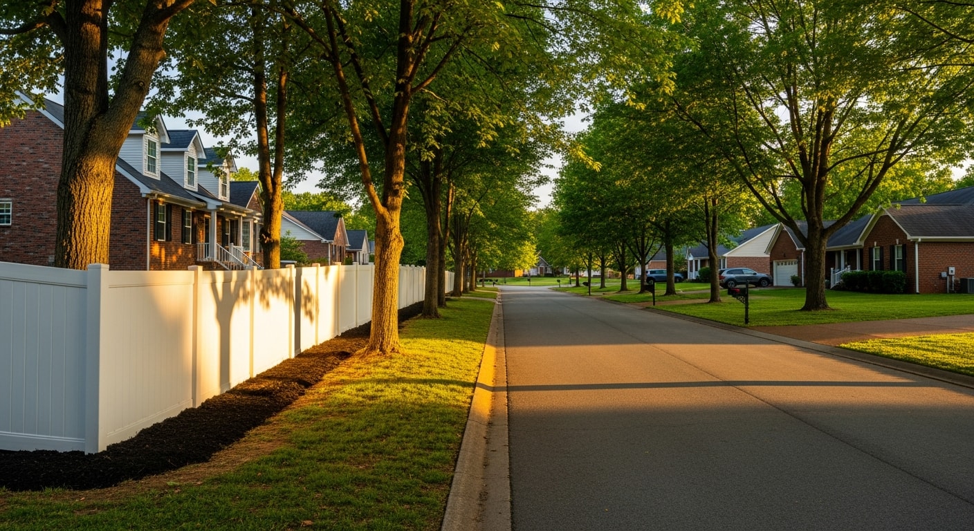 Residential street in Clarksville with well-maintained homes and mature trees lining the road.