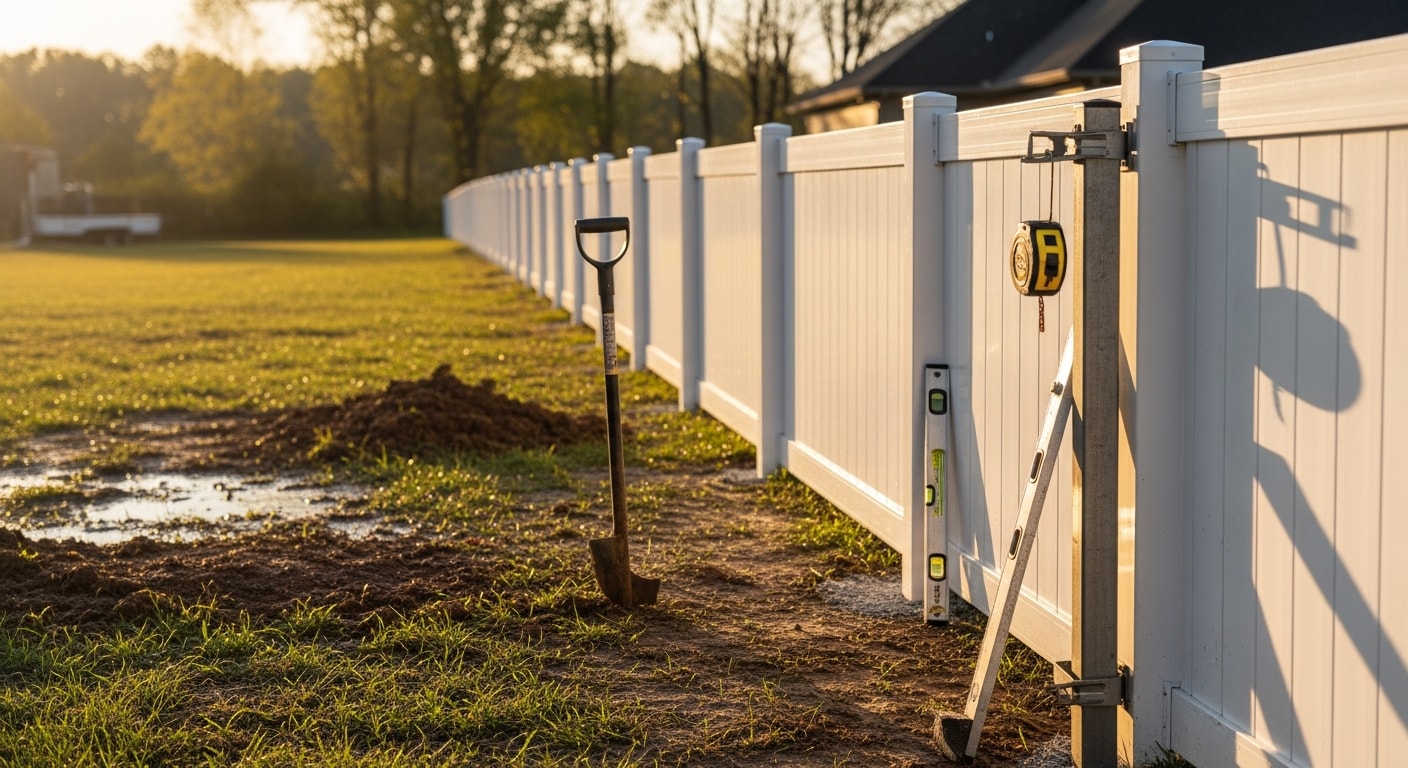 Newly installed aluminum fence with black powder-coated finish running along the backyard perimeter of a residential property in Clarksville, TN. The fence borders a green lawn with a single swing gate visible at the side yard entry.