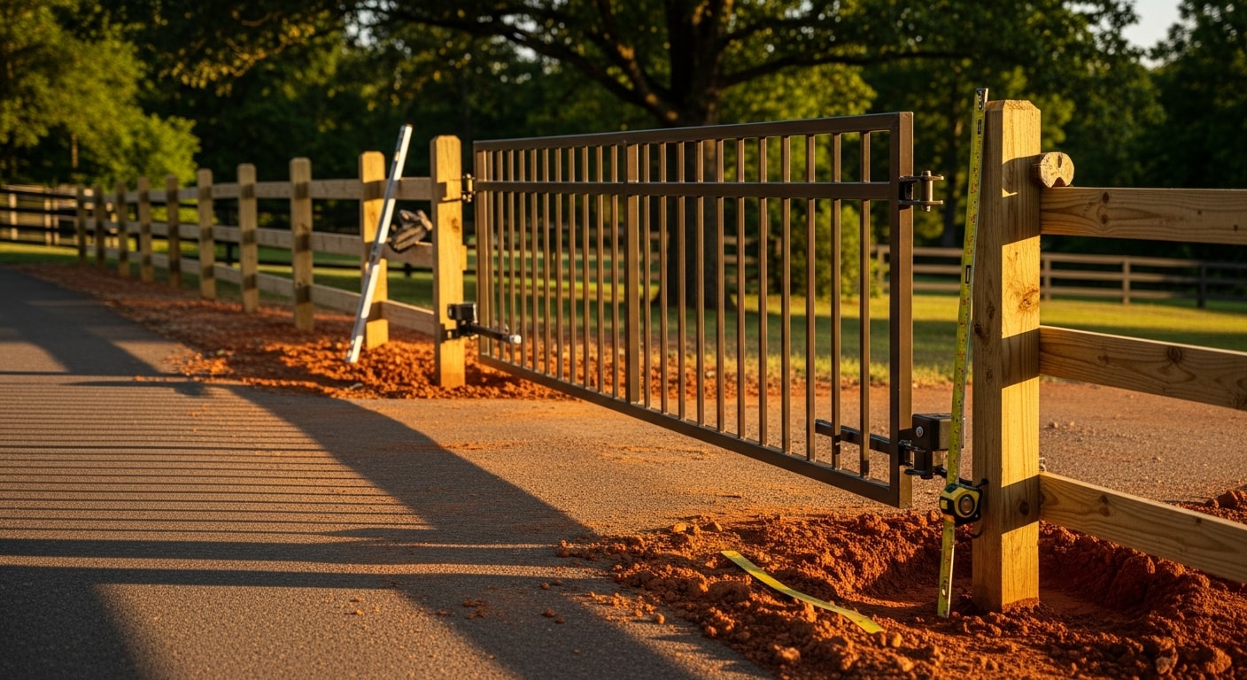 A newly installed black metal swing driveway gate at a residential property in Clarksville, TN, with concrete-set posts and a paved driveway entrance. The gate is closed and centered on the driveway, showing clean post alignment and hardware mounting.