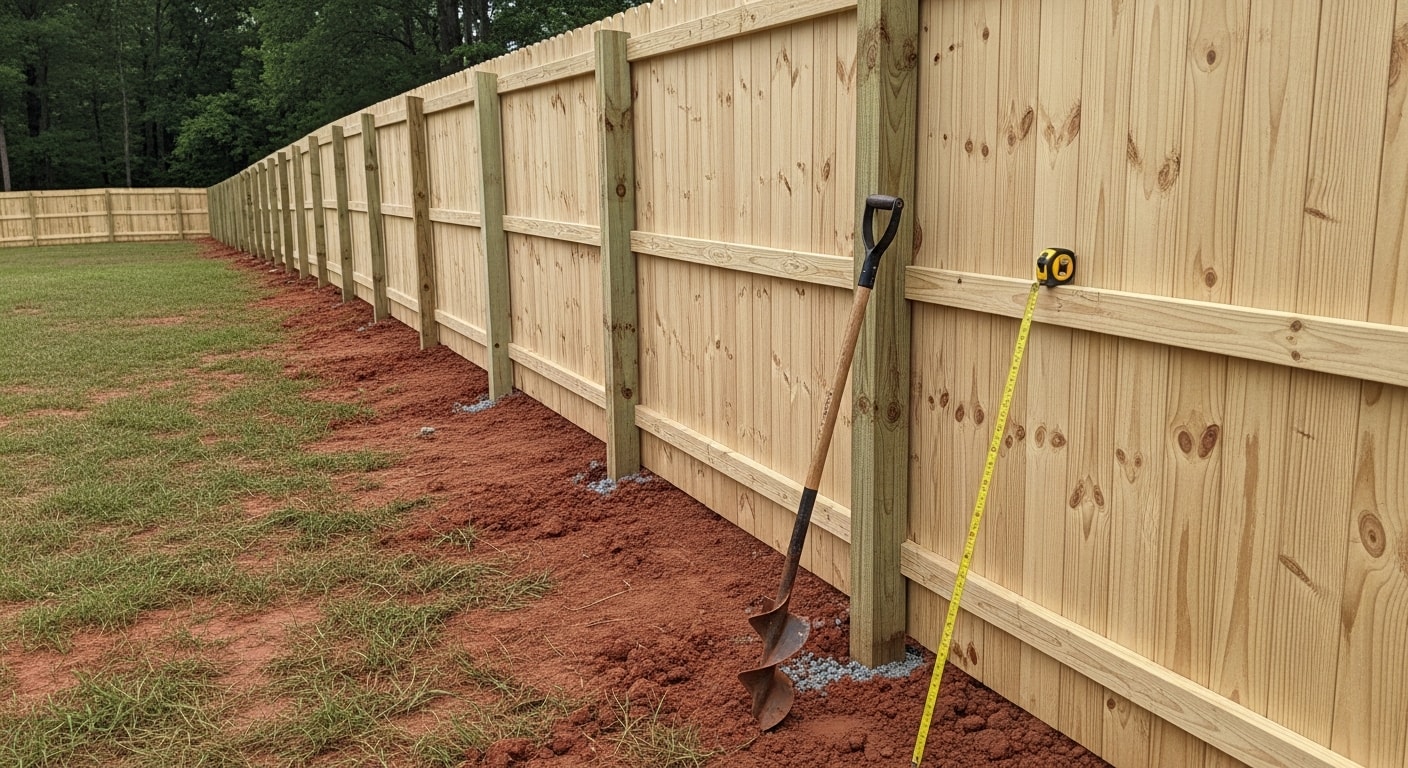 A newly installed wood privacy fence running along the backyard of a residential property in Clarksville, TN, with concrete-set posts and clean panel lines on a level lot. The fence provides full backyard enclosure with a single gate visible on the side yard.