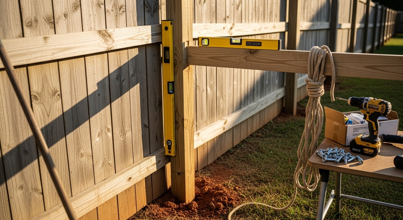 A repaired wood privacy fence with a straightened post and replaced panels in a residential backyard in Clarksville, TN. The fence line runs along a flat suburban yard typical of neighborhoods in the Clarksville area.