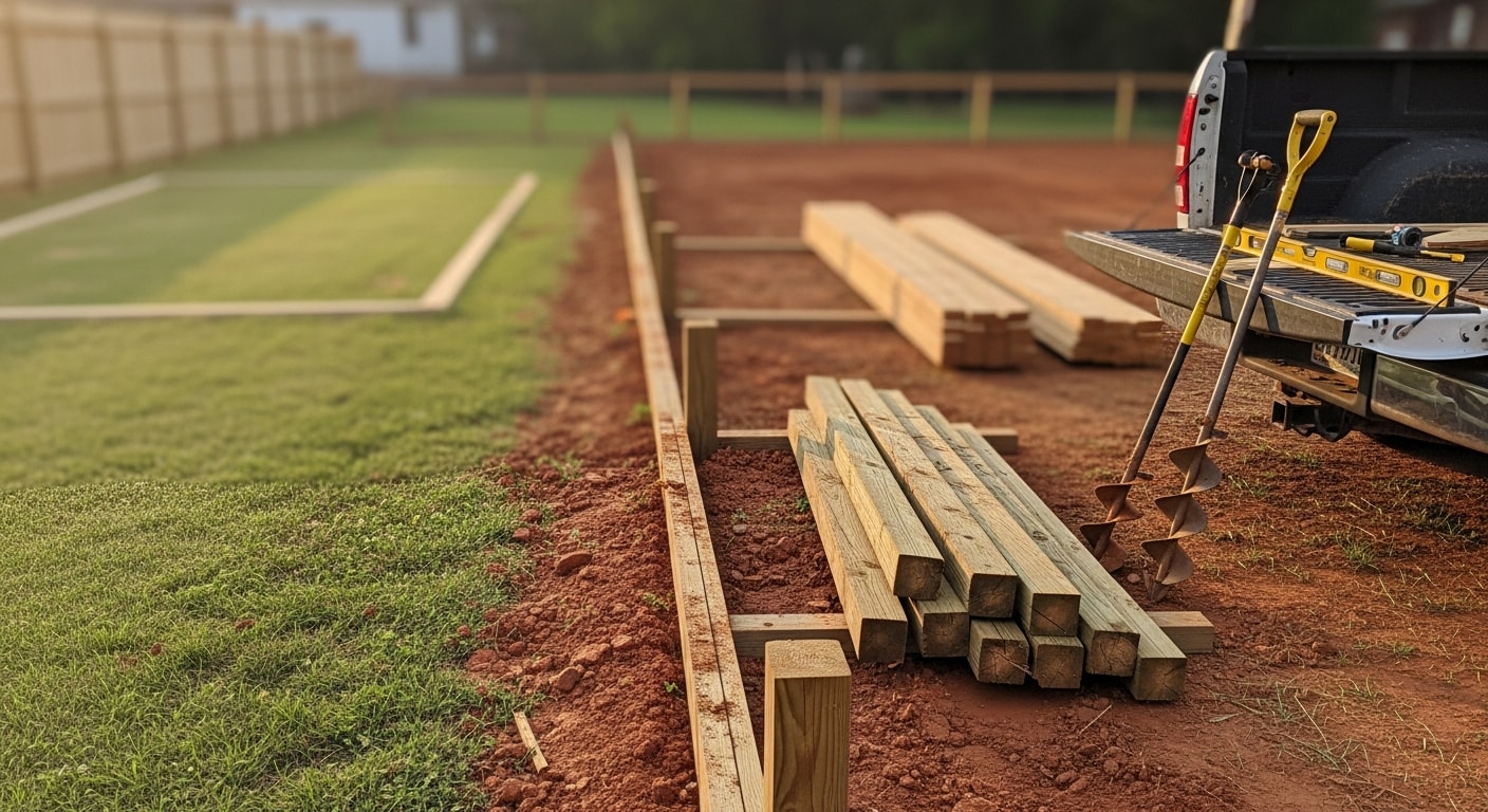 A newly installed wood privacy fence replacing a damaged and leaning old fence in a residential backyard in Clarksville, TN. The new fence runs along a straight property line with clean, evenly spaced panels and freshly set posts.