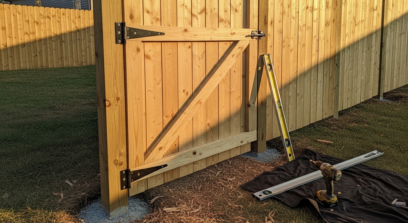 A newly installed double-swing wooden gate with concrete-set posts and black metal hardware on a residential property in Clarksville, TN. The gate connects a privacy fence along the backyard perimeter of a single-family home.