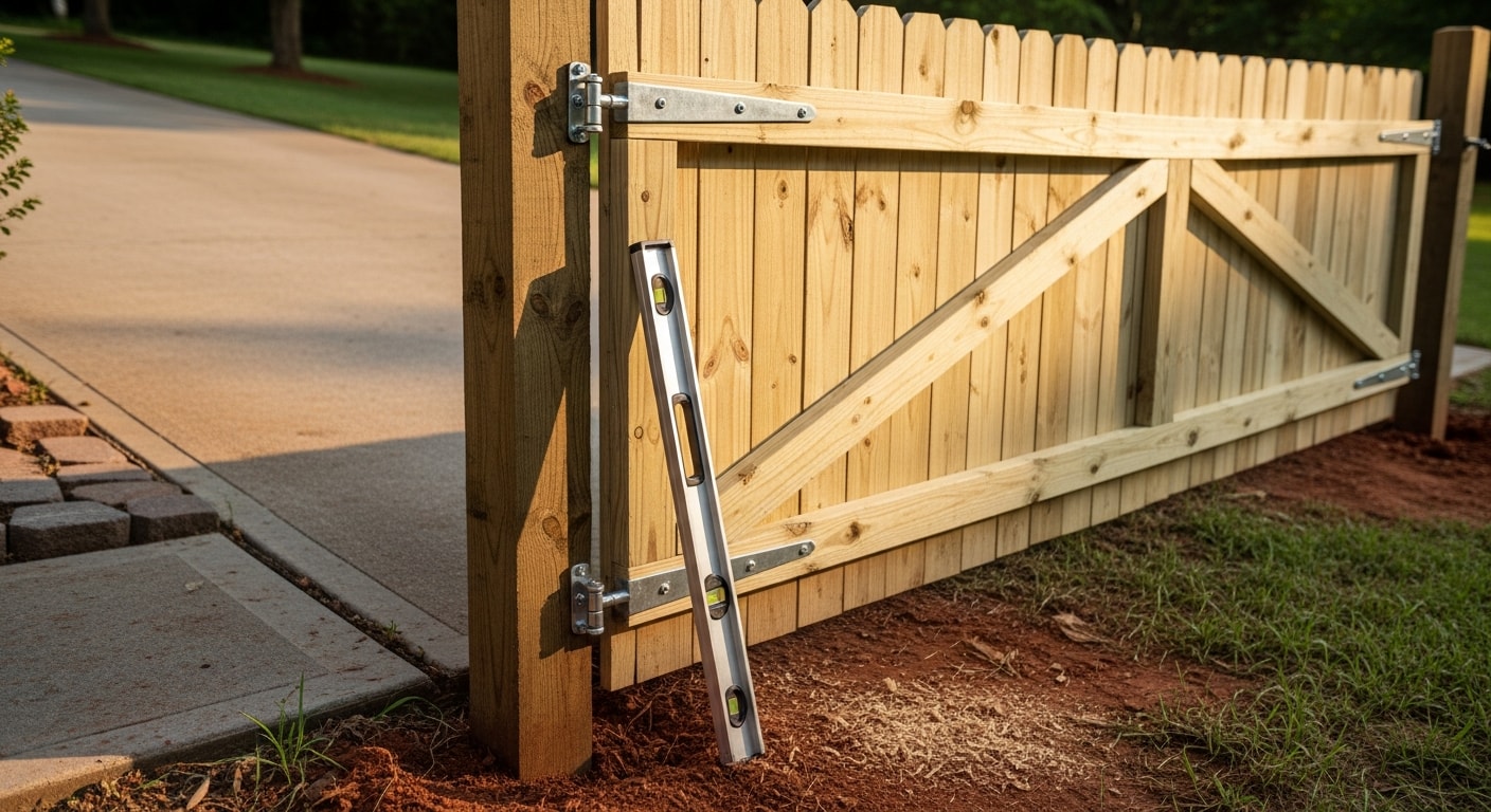 A newly installed wooden backyard gate with metal hardware set on concrete footings at a residential property in Clarksville, TN. The replacement gate is plumb, fully latched, and aligned with the surrounding privacy fence.