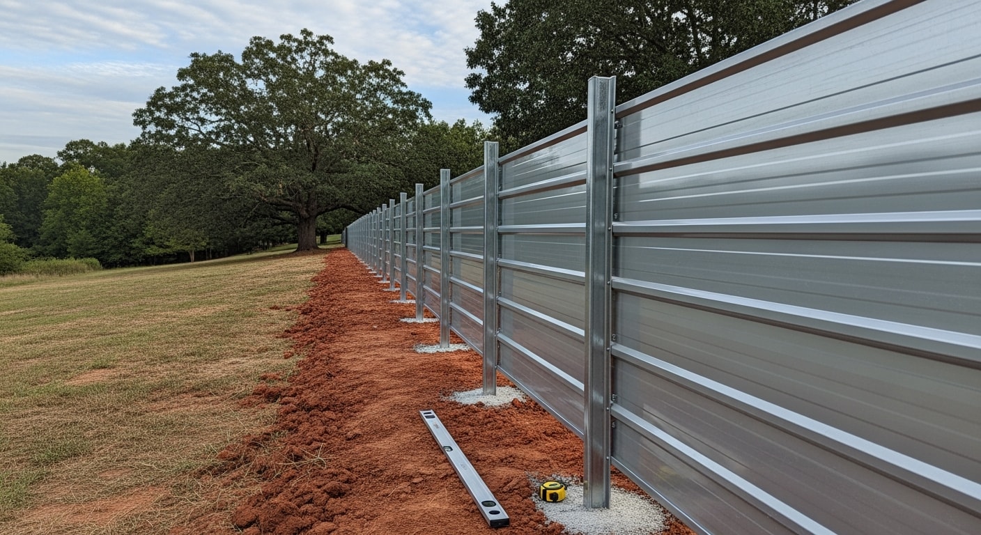 A newly installed metal fence running along the rear yard of a residential property in Clarksville, TN, with concrete-set posts and uniform panel spacing. The fence borders a green lawn with a clear property line visible against a neighboring lot.