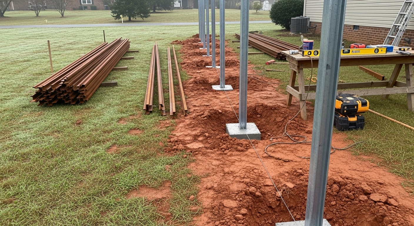 A newly installed metal fence along the backyard boundary of a residential property in Clarksville, TN, with straight posts set in concrete and no signs of rust or leaning. The old corroded fence sections have been fully removed and replaced with clean metal fencing panels.