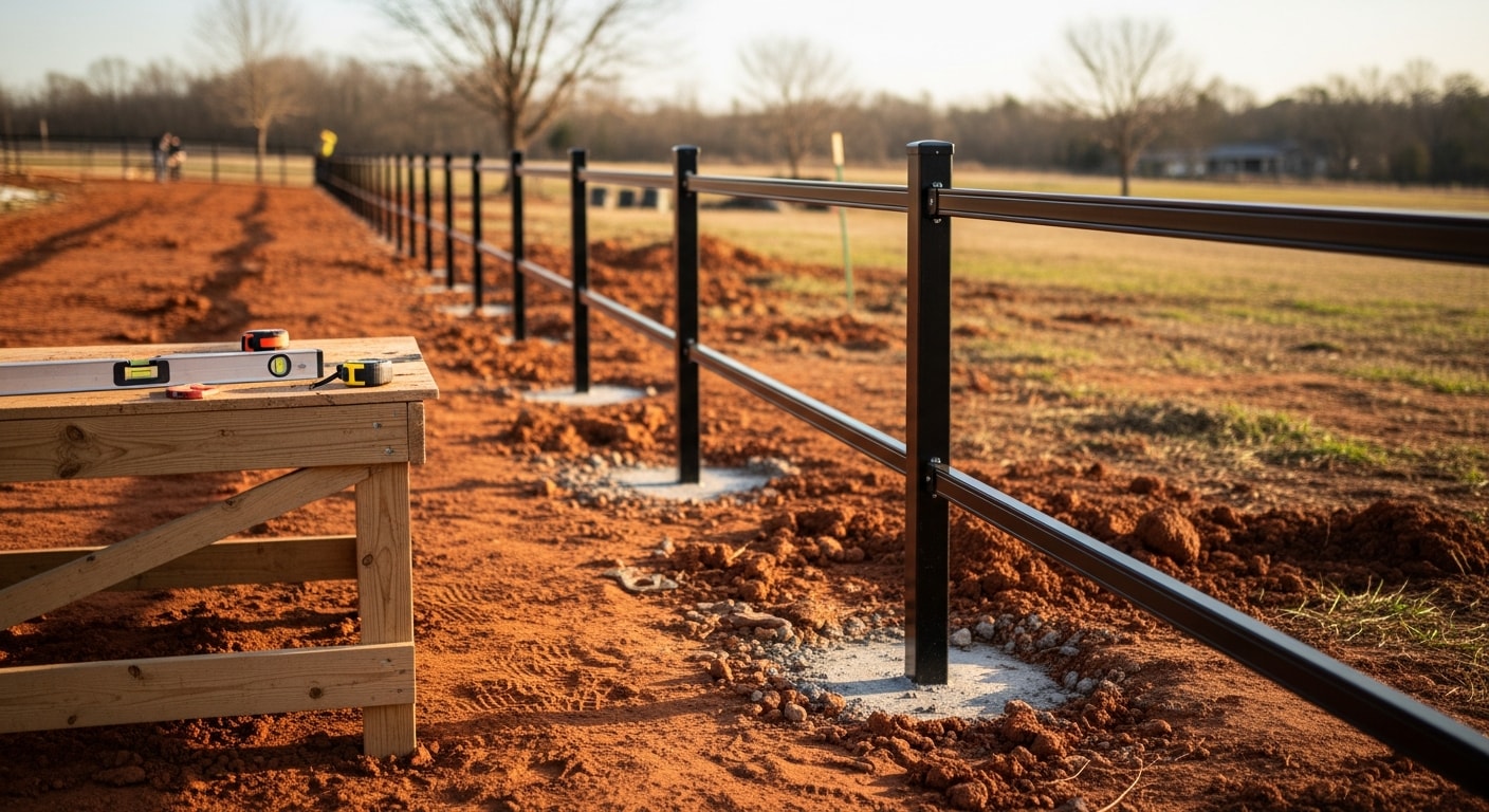 A completed steel fence installation along the rear boundary of a residential property in Clarksville, TN, with evenly spaced steel pickets and a matching swing gate. The fence runs the full width of a grass backyard with a clear property line visible on both sides.