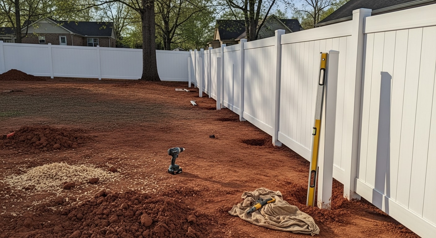 A white vinyl privacy fence installed along the backyard perimeter of a residential property in Clarksville, TN, with green grass and a clear sky visible above the panels. The fence posts are set evenly with a clean, finished appearance along a flat residential lot.