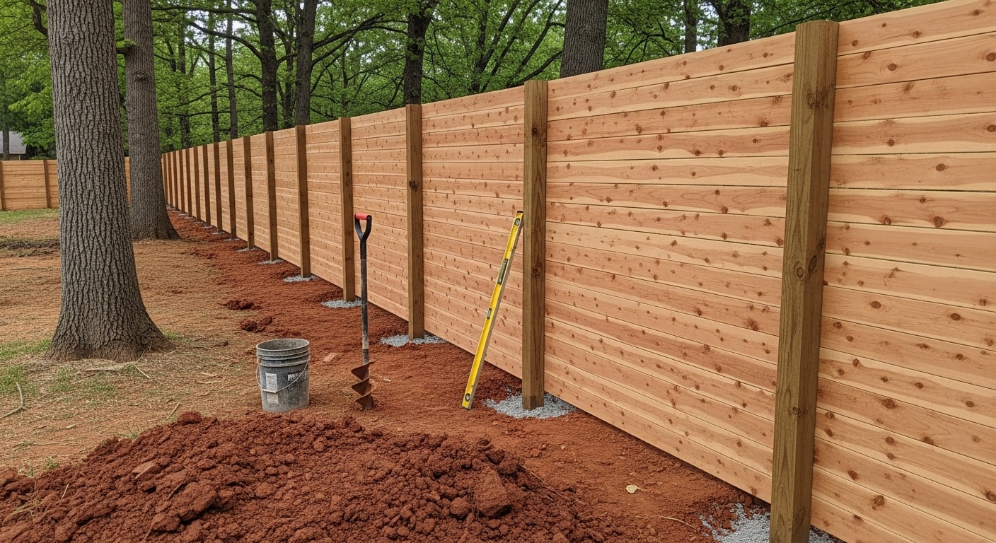 A newly installed wood privacy fence in a residential backyard in Clarksville, TN, with board-on-board panels and concrete-set posts on a sloped lot. The fence runs along the rear property line of a single-family home in a Montgomery County subdivision.